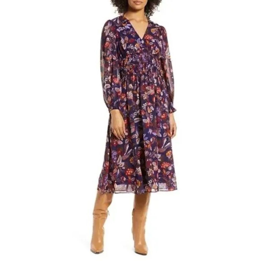 Julia Jordan Floral Print Long Sleeve Midi Dress in Purple Multi